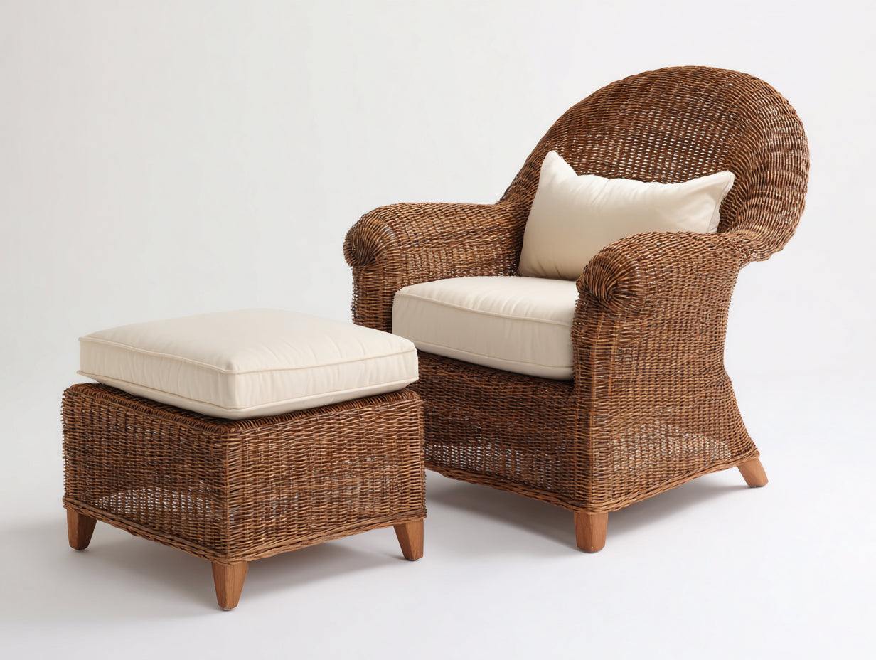 Fauteuil de jardin - Rotin-Tissu-Bois - 91x86x104 cm - Brun acajou-Ivoire - Style classique