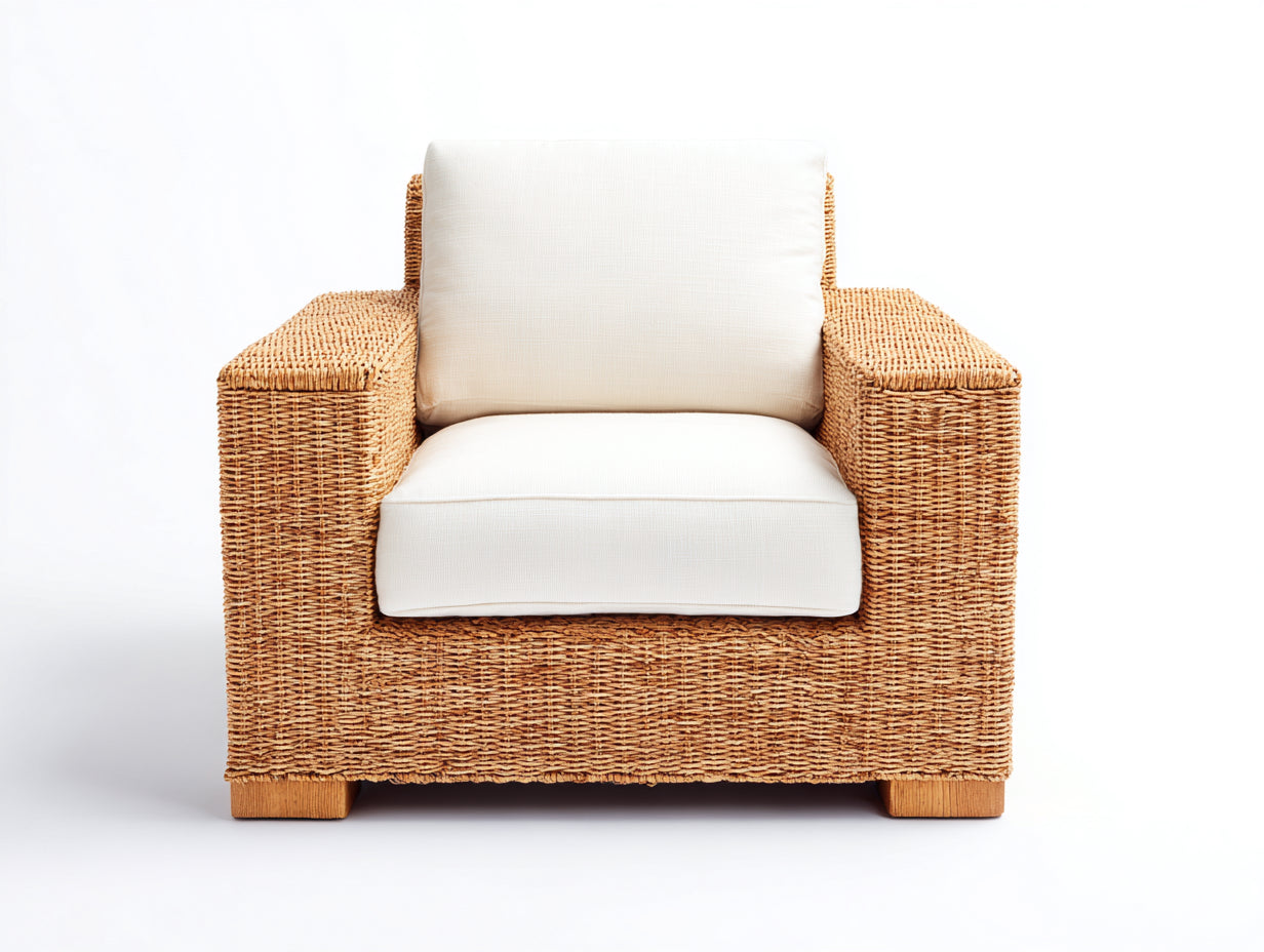 Fauteuil de jardin - Rotin-Tissu-Bois - 85x81x80 cm - Doré naturel-Ivoire - Style contemporain