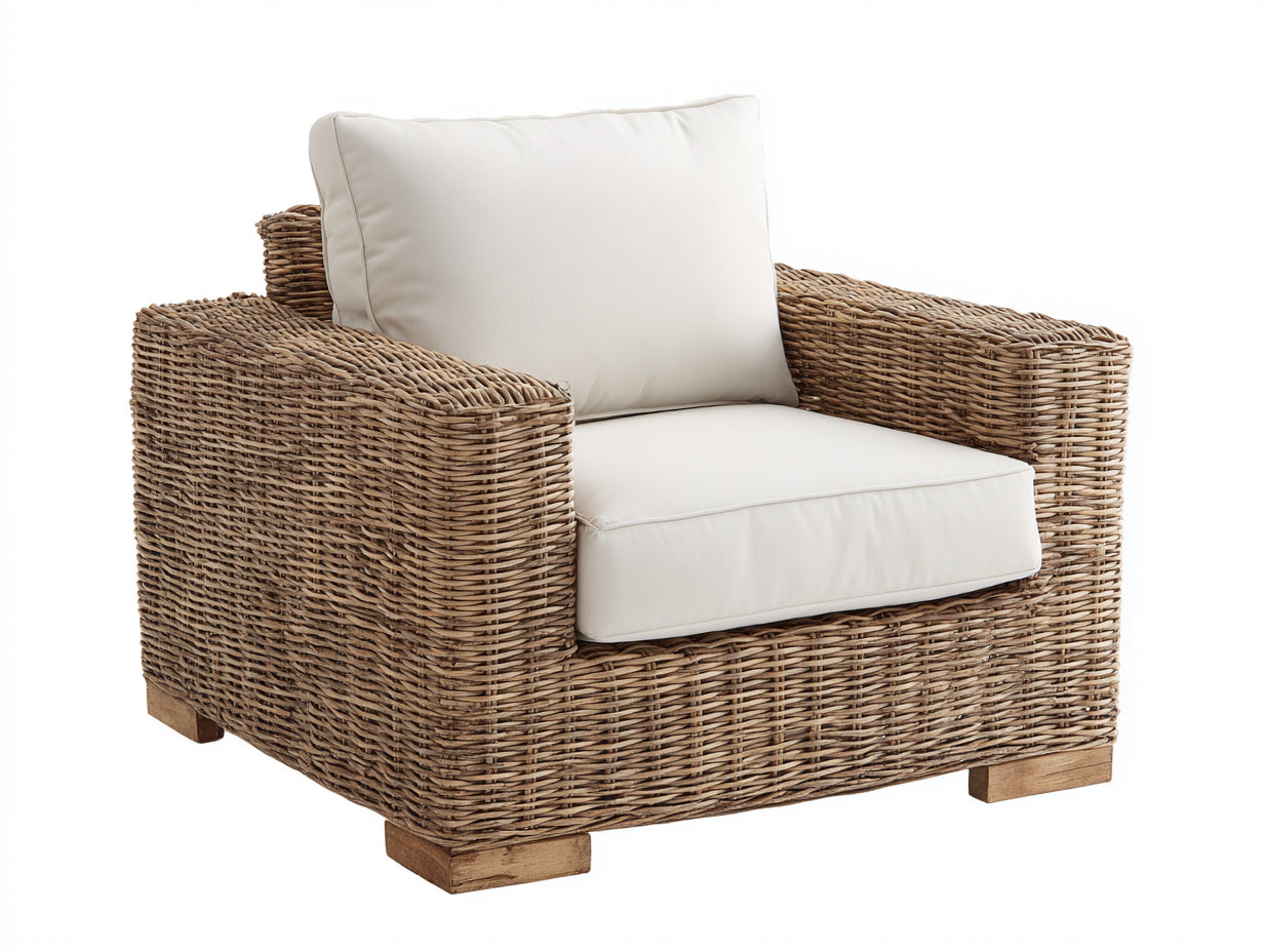 Fauteuil de jardin - Rotin-Tissu-Bois - 88x85x81 cm - Taupe naturel-Blanc cassé - Style contemporain