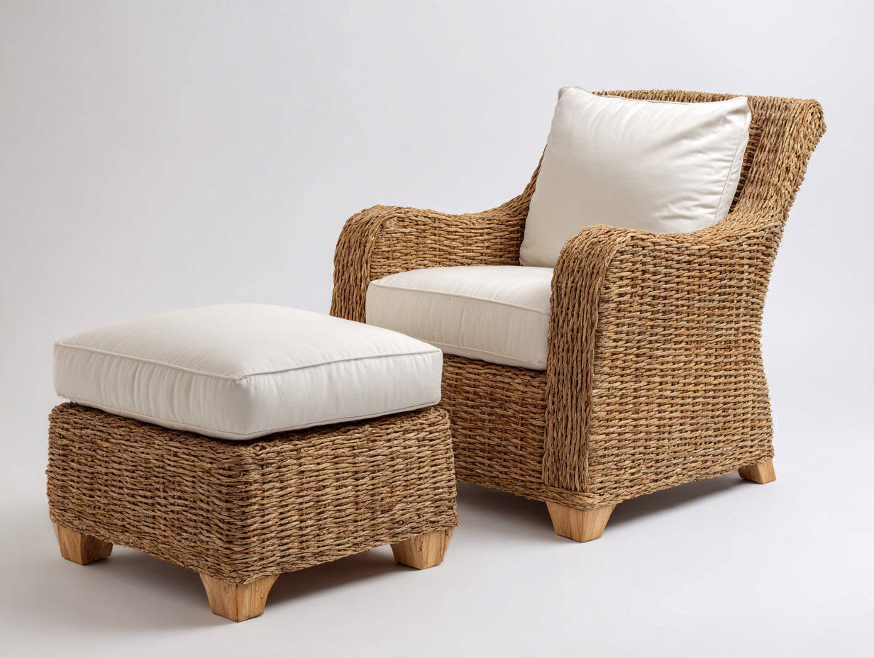 Fauteuil de jardin - Rotin-Tissu-Bois - 89x84x96 cm - Naturel-Blanc cassé - Style rustique