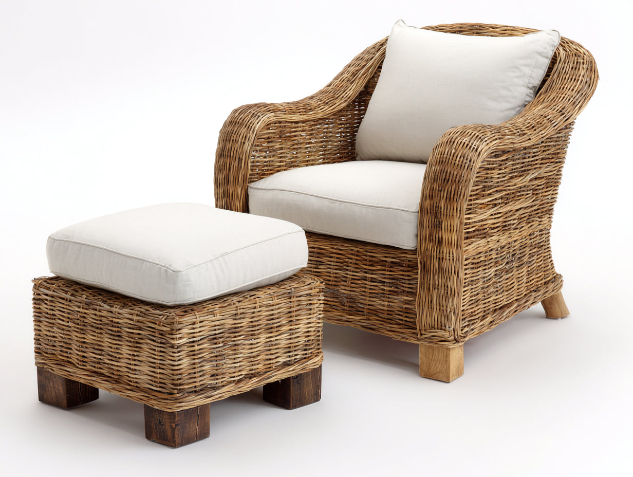 Fauteuil de jardin - Rotin-Tissu-Bois - 87x83x96 cm - Naturel clair-Ivoire - Style campagne