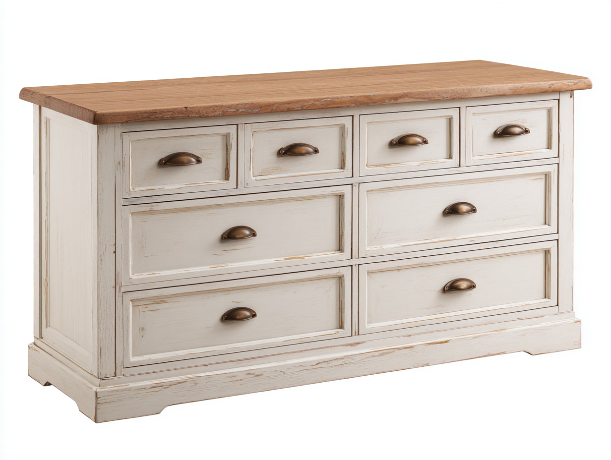Commode - Bois - 160 x 45 x 90 cm - Blanc-Marron - Style classique avec poignées décoratives