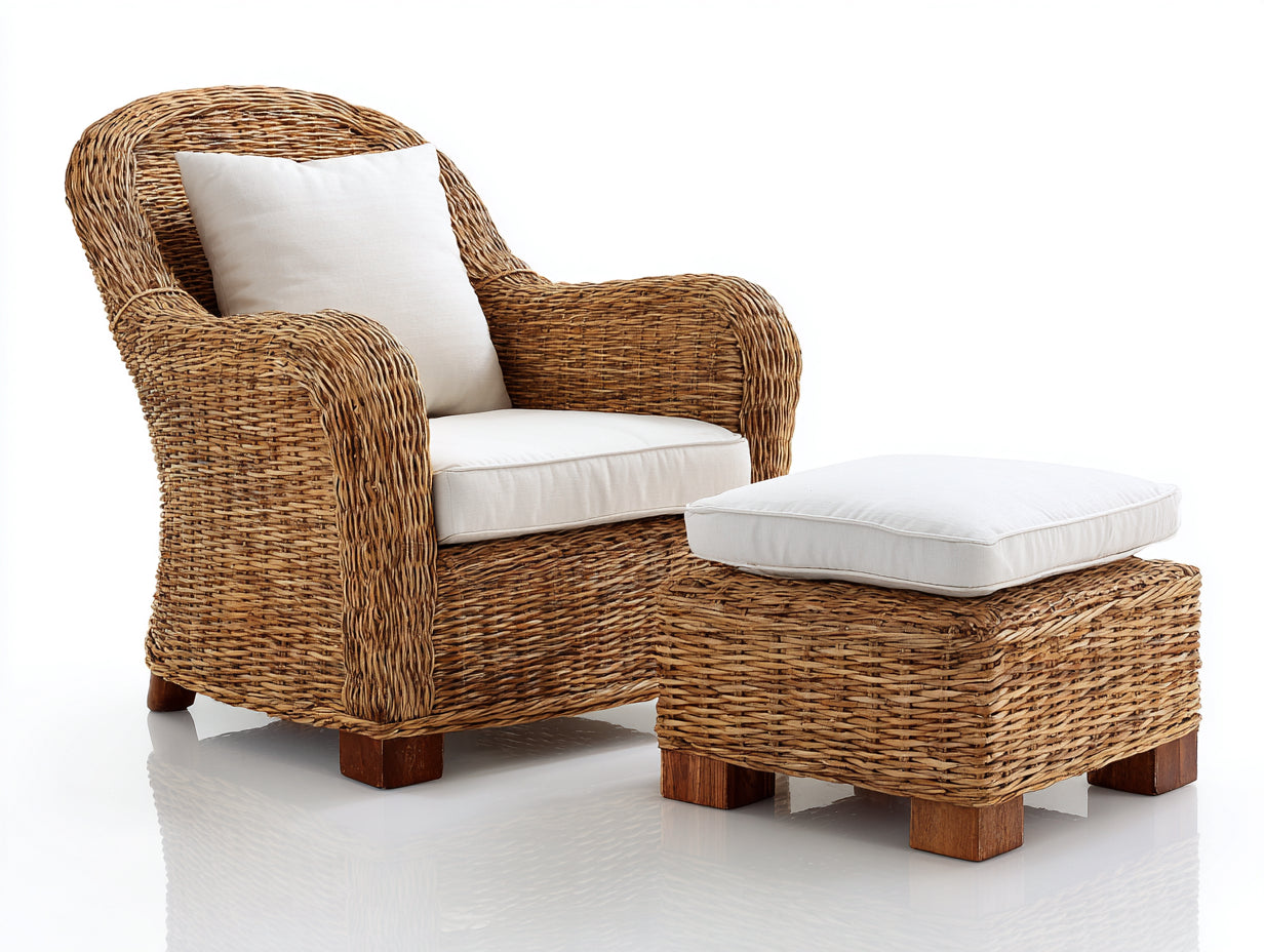 Fauteuil de jardin - Rotin-Tissu-Bois - 88x84x98 cm - Naturel doré-Blanc cassé - Style campagne