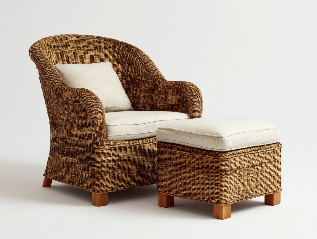 Fauteuil de jardin - Rotin-Tissu-Bois - 90x85x101 cm - Brun miel-Beige crème - Style colonial