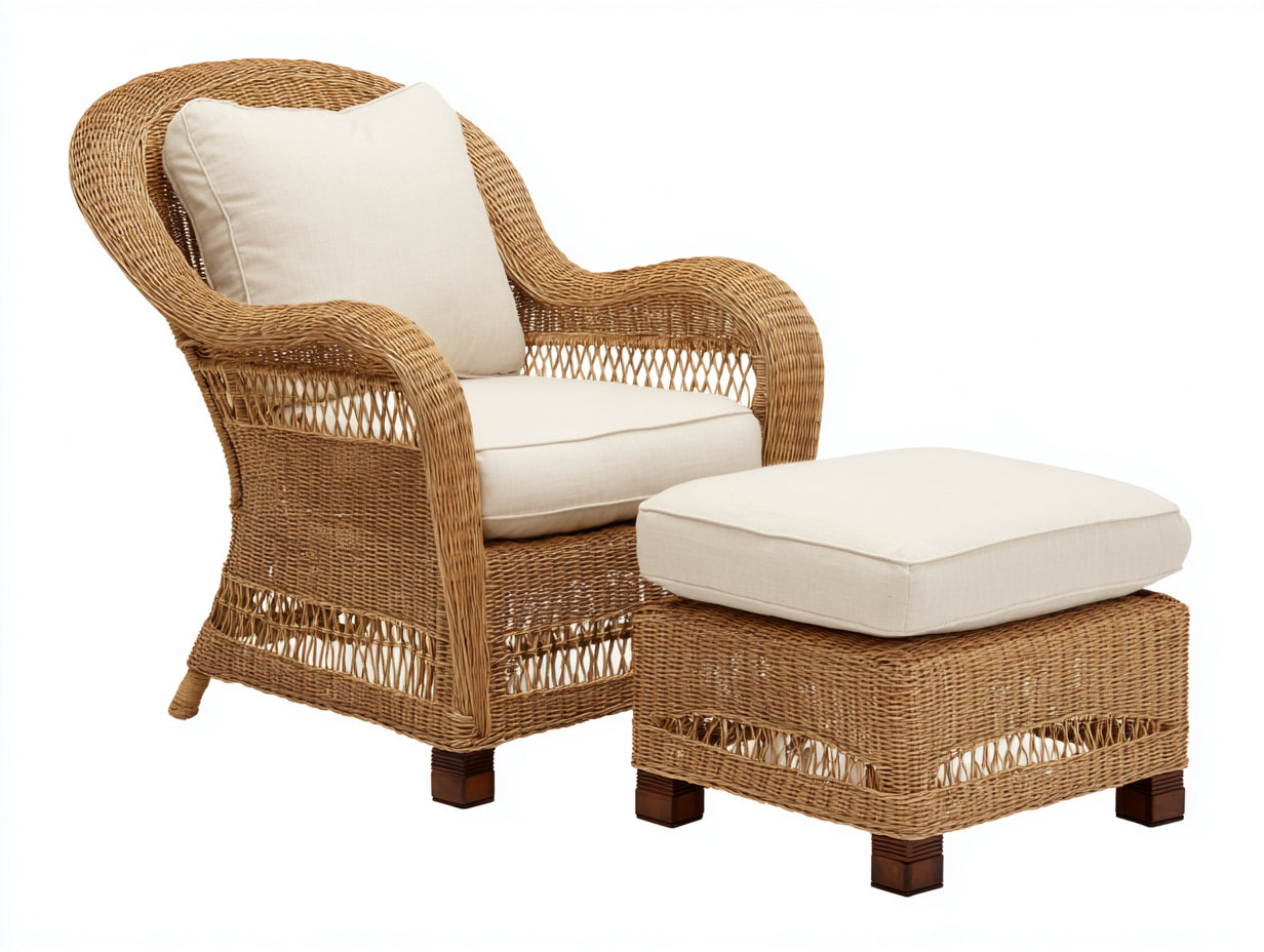 Fauteuil de jardin - Rotin-Tissu-Bois - 88x84x101 cm - Naturel doré-Écru - Style vintage