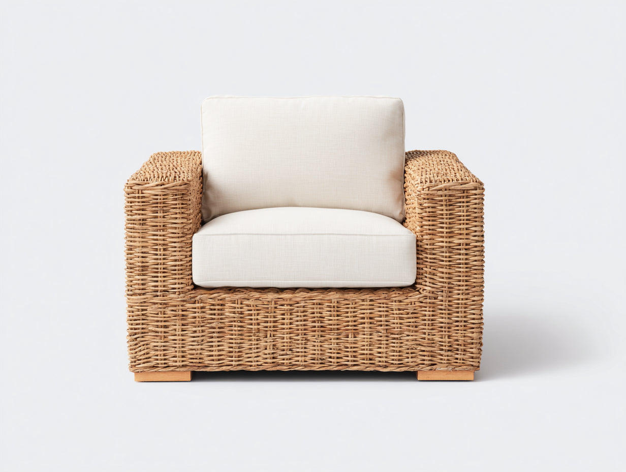 Fauteuil de jardin - Rotin-Tissu-Bois - 84x80x79 cm - Miel clair-Beige crème - Style minimaliste