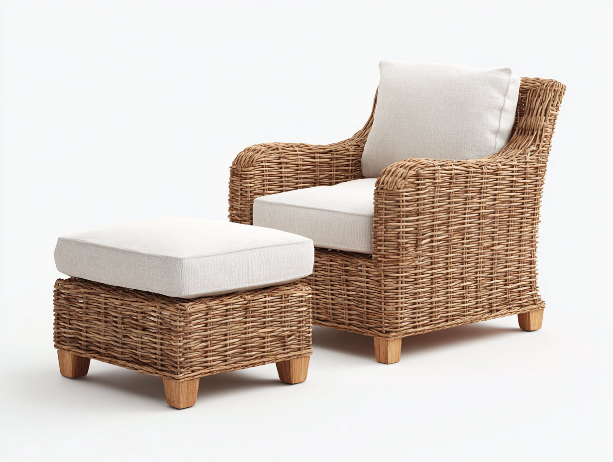 Fauteuil de jardin - Rotin-Tissu-Bois - 87x83x93 cm - Naturel clair-Écru - Style bohème